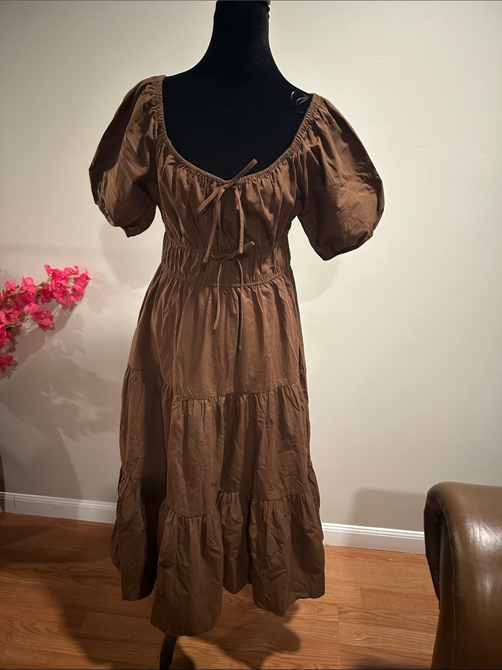 Brown Puff-Sleeve Tiered Midi Dress